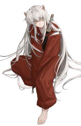 1boy absurdres animal_ears barefoot bead_necklace beads cbow closed_mouth dog_boy dog_ears highres inuyasha inuyasha_(character) invisible_floor japanese_clothes jewelry long_hair male_focus necklace simple_background sitting solo tessaiga tooth_necklace very_long_hair white_background white_hair yellow_eyes 