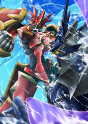  absurdres armor battle blue_wings chaosdukemon clenched_hand digimon digimon_(creature) dukemon dukemon_chaos_mode dukemon_crimson_mode energy_wings helmet highres jiyuuya red_armor red_helmet solo_focus transparent_wings wings yellow_eyes 