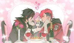 3girls alcohol arcane:_league_of_legends arcane_vi asymmetrical_hair bandaged_arm bandages black_hair black_jacket blue_eyes bottle bow bowtie couple cup dating drinking_glass earrings eyebrow_cut facial_tattoo flower food food_in_mouth freckles heart highres imminent_kiss jacket jewelry league_of_legends medium_hair multicolored_hair multiple_girls multiple_persona neck_tattoo pasta pink_hair pink_jacket rose saudzai scissors selfcest shared_food sharing_food short_hair sidecut spaghetti streaked_hair tattoo tongue tongue_out undercut vest vi_(league_of_legends) wine wine_bottle wine_glass yuri 