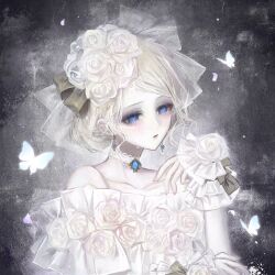  1girl artist_request blonde_hair blue_eyes blue_gem brown_ribbon bug butterfly chinese_commentary choker collarbone commentary_request commission crying dress dress_flower earrings fingernails flower gem grey_background hair_bun hair_flower hair_ornament hand_up highres identity_v jewelry long_sleeves off-shoulder_dress off_shoulder parted_bangs parted_lips ribbon second-party_source see-through_clothes see-through_veil sidelocks solo streaming_tears tears variant_set veil vera_nair vera_nair_(tonight_or_never) white_choker white_veil white_wrist_cuffs wrist_cuffs 