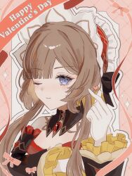  1girl black_bow black_collar black_sleeves blue_eyes bonnet bow brown_hair closed_mouth collar commentary_request detached_collar detached_sleeves frilled_sleeves frills gem genshin_impact gloves hand_up happy_valentine long_hair long_sleeves looking_at_viewer miyamiyayaaaa one_eye_closed red_gem sandrone_(genshin_impact) solo upper_body valentine white_gloves 