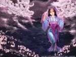  brown_eyes cherry_blossoms flower hime_cut japanese_clothes kimono long_hair night original ri-ko solo veil water 