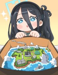  1girl :o aris_(blue_archive) black_hair black_hairband blue_archive blue_eyes blue_halo blush building clouds commentary_request diorama hair_between_eyes hairband halo highres island long_hair long_hair_between_eyes mihune one_side_up open_mouth perorodzilla_(blue_archive) rectangular_halo sparkle submarine water watercraft yellow_background 