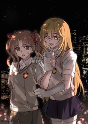  2girls absurdres aisheng_kuroko blonde_hair bow brown_eyes brown_hair brown_sweater_vest city_lights collared_shirt commentary_request cup disposable_cup elbow_gloves gloves grey_skirt hair_bow hand_on_another's_shoulder highres long_hair miniskirt multiple_girls night pleated_skirt red_bow school_emblem school_uniform shared_drink shirai_kuroko shirt shokuhou_misaki short_sleeves skirt sky star-shaped_pupils star_(sky) star_(symbol) starry_sky summer_uniform sweatdrop sweater_vest sweater_vest_tug symbol-shaped_pupils thigh-highs toaru_kagaku_no_railgun toaru_majutsu_no_index tokiwadai_school_uniform twintails v-neck white_gloves white_shirt white_thighhighs yellow_eyes 