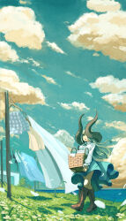  159cm 1girl :o ahoge blue_skirt boots bra breasts brown_boots clothesline clouds collared_shirt commentary_request curled_horns day dress_shirt drying drying_clothes falling_petals glan_(159cm) grass green_eyes grey_hair holding holding_unworn_clothes horns huge_horns knee_boots lace-up_boots lake large_breasts laundry laundry_basket long_hair long_sleeves neck_ribbon one_eye_covered open_mouth original outdoors panties petals ribbon scenery shirt skirt solo towel underwear unworn_bra unworn_panties walking water white_petals white_shirt wide_shot wind 