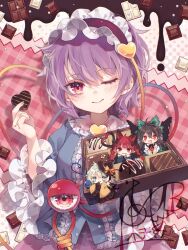  4girls animal_ears bird_wings black_dress black_hat blue_shirt blush braid brown_hair buttons candy cat_ears cat_tail chocolate chocolate_bar closed_mouth commentary_request dress eyeball fang food frilled_shirt_collar frilled_sleeves frills green_eyes green_hair green_skirt hair_between_eyes hair_ornament hairband hat heart heart-shaped_chocolate heart-shaped_food heart_button heart_hair_ornament heart_of_string highres holding holding_chocolate holding_food kaenbyou_rin komeiji_koishi komeiji_satori long_hair long_sleeves looking_at_viewer multiple_girls multiple_tails one_eye_closed open_mouth pink_eyes pink_hair pink_skirt red_hair reiuji_utsuho revision shirt short_hair short_sleeves siblings signature sisters skirt smile tail third_eye touhou toutenkou twin_braids two_tails valentine wide_sleeves wings 