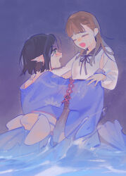  2girls blue_cardigan blue_kimono breasts brown_hair cardigan collared_shirt commentary contrast_collar cross-laced_clothes cross-laced_sleeves fangs fins fish_girl green_eyes head_fins highres japanese_clothes kachimachi_kosuzu kachimachi_kosuzu_(summer_casual) kemonomimi_mode kimono link!_like!_love_live! long_hair long_sleeves looking_at_another love_live! medium_breasts momose_ginko momose_ginko_(summer_casual) multiple_girls obi obijime open_mouth partially_submerged pipi_(m1x_mix) rounded_corners sash shirt virtual_youtuber white_shirt yellow_sash 