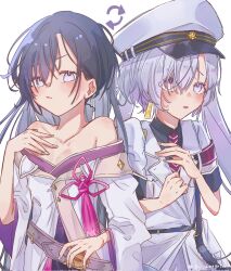  2girls armband asymmetrical_bangs belt black_hair collared_shirt commentary_request cosplay earrings grey_belt grey_eyes grey_hair hat heterochromia highres jacket japanese_clothes jewelry kimono long_hair military_hat military_jacket military_uniform minus_(reverseblue) multiple_girls murasaki_(reverseblue) necktie off_shoulder purple_trim red_armband red_eyes red_necktie reverseblue_x_re-birthend shirt short_sleeves single_earring striped_clothes striped_necktie sui_ma33 twintails white_kimono 