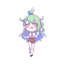  1girl absurdres antlers arm_at_side black_shoes braid braided_bangs brown_shorts ceres_fauna collared_shirt commentary cosplay double-parted_bangs english_commentary full_body green_hair hair_between_eyes hair_rings hand_up hat highres holding holding_spatula hololive hololive_english horns kneehighs long_hair necktie one_side_up red_necktie sher_(imnotsher) shirt shoes short_necktie shorts side_up_ring simple_background single_hair_ring socks solo spatula spongebob_squarepants spongebob_squarepants_(cosplay) spongebob_squarepants_(series) virtual_youtuber white_background white_hat white_shirt white_socks yellow_eyes 