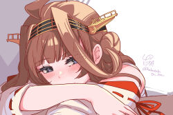  1girl absurdres ahoge brown_hair close-up detached_sleeves double_bun hair_bun headgear highres japanese_clothes kantai_collection kongou_(kancolle) kongou_kai_ni_(kancolle) long_hair lr_hijikata nontraditional_miko ribbon-trimmed_sleeves ribbon_trim solo very_long_hair violet_eyes 