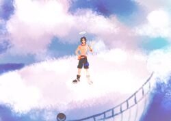  1boy ^_^ black_hair black_shorts boots closed_eyes clouds commentary elbow_pads full_body halo hand_on_own_hip highres insect_candy jewelry male_focus necklace one_piece pearl_necklace portgas_d._ace short_hair shorts single_elbow_pad solo topless_male untranslatable_commentary waving 