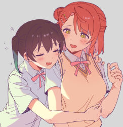  2girls black_hair blush breasts closed_eyes collared_shirt commentary_request curled_fingers drooling facing_another gradient_hair green_hair grey_background hair_between_eyes hair_bun hair_ornament hairclip hand_on_another's_shoulder hand_on_another's_waist hand_up hug hug_from_behind leaning_on_person looking_at_another love_live! love_live!_nijigasaki_high_school_idol_club medium_hair meobbab2 multicolored_hair multiple_girls neck_ribbon nijigasaki_school_uniform open_mouth parted_bangs pink_ribbon red_hair ribbon school_uniform shirt short_sleeves sidelighting sidelocks simple_background single_side_bun squeans summer_uniform sweater_vest takasaki_yu twintails two-tone_hair uehara_ayumu upper_body white_shirt yellow_eyes yellow_sweater_vest yuri 