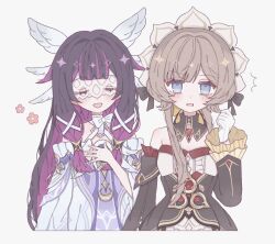  2girls black_bow black_collar black_dress black_hair black_sleeves blue_eyes blush bonnet bow brown_hair closed_eyes collar colored_inner_hair columbina_(genshin_impact) commentary detached_collar detached_sleeves dress eye_mask flower_symbol gem genshin_impact gloves hair_ornament hand_on_own_chest hashtag-only_commentary highres long_hair mask multicolored_hair multiple_girls open_mouth purple_hair purple_streaks red_gem sandrone_(genshin_impact) see-through_clothes see-through_mask short_hair_with_long_locks simple_background strapless strapless_dress two-tone_hair upper_body very_long_hair white_background white_bow white_dress white_gloves white_headdress wing_hair_ornament x-shaped_eyewear yapc03 yellow_bow 