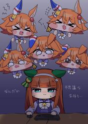  2girls animal_ears blunt_bangs cheek_pull commentary_request computer_keyboard computer_mouse crying ear_covers gradient_background hairband highres hime_cut horse_ears horse_girl long_hair matikanefukukitaru_(umamusume) mei_(meimyan) multiple_girls multiple_views orange_hair school_uniform short_hair silence_suzuka_(umamusume) simple_background sweatdrop tears tracen_school_uniform translation_request umamusume upper_body white_hairband 