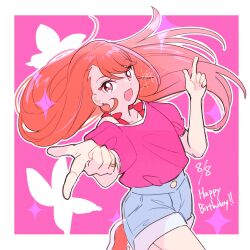  1girl asymmetrical_bangs birthday blue_shorts brown_hair bug butterfly commentary cowboy_shot dated denim denim_shorts earrings english_text foreshortening happy_birthday highres hijiri_ageha index_finger_raised jewelry leg_up long_hair looking_at_viewer open_mouth pink_background pink_shirt pink_theme pointing pointing_at_viewer red_shoes shirt shirt_straps shoes short_shorts short_sleeves shorts smile sneakers solo sorashinakei_k standing stud_earrings violet_eyes 