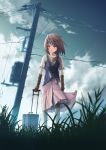  bad_id bag boots brown_hair bsan cloud clouds gloves grass original power_lines red_eyes short_hair skirt sky solo suitcase wind 