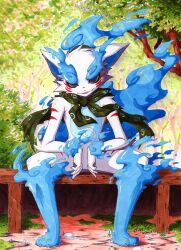 1boy 2014 arms_on_knees artist_name bench black_eyes blue_fur blue_hair body_markings boots bush cape dated eyebrows fang fangs fire fluffy full_body fur furry grass green_cape green_sclera hairband jinya komainu looking_at_viewer male male_focus male_only nature open_mouth ponytail sharp_fingernails shishikoma signature sitting solo spiral striped sunlight swirl traditional_media tree watercolor_(medium) white_fur wrist_cuffs yellow_sclera youkai youkai_watch