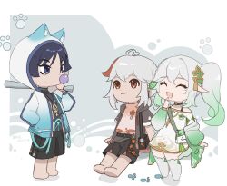  1girl 2boys adapted_costume animal_ear_hood antenna_hair aqua_gem aranara_(genshin_impact) arm_at_side arms_at_sides bag baiyuyi barefoot baseball_bat belt black_bag black_belt black_choker black_hair black_shirt black_shorts blue_hood blue_jacket blue_sleeves blunt_ends chewing_gum choker choppy_bangs closed_eyes closed_mouth creature_print crossed_bangs dress eyelashes facing_another footprints gem genshin_impact gold_trim gradient_clothes gradient_hair gradient_hood gradient_jacket gradient_sleeves green_hair green_sleeves grey_hood grey_jacket hair_between_eyes hair_ornament hakama hakama_shorts half_crown_braid hand_in_pocket handbag hashtag-only_commentary highres holding holding_baseball_bat hood hood_down hood_up hooded_jacket index_finger_raised jacket japanese_clothes kaedehara_kazuha kneehighs leaf leaf_hair_ornament leaf_print long_hair long_sleeves looking_at_another low_ponytail maple_leaf maple_leaf_print medium_hair multicolored_hair multiple_boys nahida_(genshin_impact) off_shoulder open_clothes open_jacket open_mouth over_shoulder pleated_shorts pointy_ears ponytail red_eyes red_hair scaramouche_(genshin_impact) shirt shorts shoulder_bag side_ponytail sidelocks sitting slime_(genshin_impact) smile socks standing streaked_hair turtleneck turtleneck_shirt undershirt violet_eyes vision_(genshin_impact) wanderer_(genshin_impact) weapon weapon_over_shoulder white_background white_dress white_hair white_hood white_jacket white_sleeves white_socks 