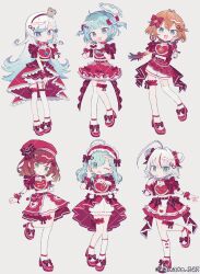  6+girls :d :o black_gloves bloomers blue_eyes blunt_bangs bow closed_mouth commentary_request double-parted_bangs dress frilled_hairband frills full_body gloves green_eyes grey_background hair_between_eyes hair_bow hair_ornament hairband hat heart heart_hair_ornament highres kanamochi_kanato long_hair looking_at_viewer multicolored_hair multiple_girls open_mouth original plaid_hairband red_bow red_dress red_hair red_hairband red_hat red_shoes shoes short_sleeves simple_background single_hair_streak smile socks standing standing_on_one_leg thigh-highs two-tone_hair white_bloomers white_hair white_socks white_thighhighs 