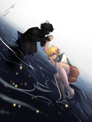  2boys absurdres antenna_hair artist_name basil_(faraway)_(omori) basil_(omori) black_hair black_shorts black_skin black_sweater_vest blonde_hair brown_shorts choccymilk303 closed_eyes collared_shirt colored_skin commentary double-parted_bangs dual_persona english_commentary flower green_sweater_vest hair_between_eyes hair_flower hair_ornament highres holding_hands kneehighs lying multiple_boys omori on_side parted_lips seiza shirt short_hair short_sleeves shorts sidelocks sitting socks stranger_(omori) sweater_vest white_shirt white_socks 