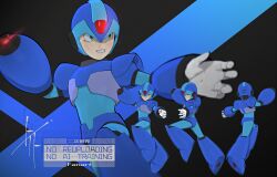  1boy arm_cannon armor black_background blue_armor blue_helmet cowboy_shot forehead_jewel green_eyes helmet mega_man_(series) mega_man_x_(series) multiple_views to_i_to_io watermark weapon x_(mega_man) 