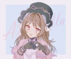  1girl :d animal_ears arknights black_gloves black_hat blue_background blush border braid brown_hair character_name chinese_commentary commentary_request curled_horns eyjafjalla_(arknights) eyjafjalla_(fluffy_little_witch)_(arknights) four-finger_heart_hands frills gloves grey_border grey_horns hair_intakes hat heart heart_hands highres horns jacket long_hair looking_at_viewer official_alternate_costume open_clothes open_jacket open_mouth outside_border pink_eyes pink_jacket sheep_ears sheep_girl sheep_horns smile solo upper_body yeming_ye 