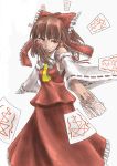  :d bow brown_hair detached_sleeves dual_wielding flat_chest frills hair_bow hair_ornament hair_tubes hakurei_reimu highres japanese_clothes kenji long_hair miko necktie ofuda open_mouth orange_eyes ponytail ribbon ribbons sarashi simple_background skirt smile solo standing touhou wide_sleeves 