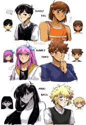  ... 2girls 4boys absurdres alternate_color antenna_hair aubrey_(faraway)_(omori) aubrey_(omori) basil_(faraway)_(omori) basil_(omori) black_eyes black_hair black_sweater_vest blonde_hair blue_eyes blue_hairband blue_sweater blush bright_pupils brother_and_sister brothers brown_hair character_name closed_mouth collarbone collared_shirt commentary dark-skinned_male dark_skin double-parted_bangs dress english_commentary expressionless flower flying_sweatdrops freckles hair_between_eyes hair_flower hair_ornament hair_over_one_eye hairband hero_(faraway)_(omori) hero_(omori) highres jacket kel_(faraway)_(omori) kel_(omori) kiisaes long_hair long_sleeves looking_at_viewer mari_(omori) mari_(spirit)_(omori) messy_hair multiple_boys multiple_girls omori one_eye_closed open_clothes open_jacket open_mouth pink_hair shirt short_hair short_sleeves siblings sidelocks simple_background smile sparkle speech_bubble spoken_ellipsis sunny_(omori) sweatdrop sweater sweater_vest white_background white_dress white_jacket white_pupils white_shirt 