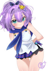  1girl absurdres arms_behind_back azur_lane bare_shoulders black_ribbon blue_eyes blush breasts commentary_request crown hair_between_eyes hair_ornament hair_ribbon highres javelin_(azur_lane) leaning_to_the_side long_hair medium_hair microskirt mini_crown plaid_clothes plaid_skirt pleated_skirt ponytail purple_hair ribbon shiranuinuiko skirt sleeveless small_breasts smile solo thighs x_hair_ornament 
