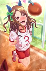  1girl animal_ears anpan blush bow bread bread_eating_race breasts brown_hair commentary_request ear_bow ear_covers ear_ribbon food green_bow gym_shirt highres horse_ears horse_girl jumping king_halo_(umamusume) long_hair medium_breasts no_tail open_mouth race_bib red_eyes red_shorts shirt shoes shorts socks sports_festival sweat teeth torinosukei tracen_training_uniform umamusume white_shirt white_socks 