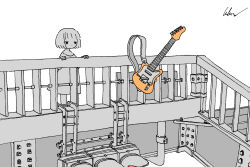  1girl absurdres bridge electric_guitar floating floating_object greyscale guitar hand_on_railing highres instrument kaduise monochrome original outdoors pedestrian_bridge railing short_hair signature solo spot_color standing traffic_light 