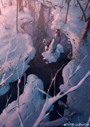  2boys absurdres animal_ears bare_tree black_hair black_pants blue_robe cat_boy cat_ears chinese_commentary commentary_request dawn footprints from_above grey_shirt gyoukan_(jfxc) high_kick highres kicking long_hair luo_xiaohei luo_xiaohei_(human) multiple_boys outdoors pants river robe scenery shirt short_sleeves snow the_legend_of_luo_xiaohei tree watermark weibo_watermark white_hair wide_shot winter wuxian_(the_legend_of_luo_xiaohei) 