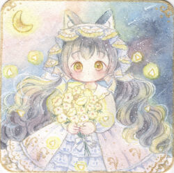  1girl animal_ears bouquet cat_ears cat_girl crescent_moon dress flower highres holding holding_bouquet holding_flower long_hair long_sleeves looking_at_viewer low_twintails moon original painting_(medium) tato_(kunikida-3) traditional_media twintails upper_body watercolor_(medium) yellow_eyes yellow_flower 