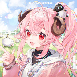  1girl animal animal_ear_fluff animal_ears animal_hair_ornament brown_horns clouds crossed_bangs curled_horns day dot_nose fence fingernails hair_between_eyes hair_ornament high_ponytail highres hood hood_down horns jacket jewelry long_hair long_sleeves looking_at_viewer necklace open_mouth original outdoors pink_hair pink_jacket ponytail red_eyes sheep sheep_girl sheep_hair_ornament sheep_horns sidelocks solo sunlight upper_body yan_an_xi_ye 
