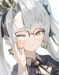  2girls absurdres black_ribbon commentary_request crown earrings glasses goddess_of_victory:_nikke hair_ribbon highres jewelry mini_crown multiple_girls natuiroillust12 one_eye_closed pov pov_hands princess_(nikke) red-framed_eyewear ribbon sidelocks stall_iii_(nikke) upper_body white_background white_hair yellow_eyes 