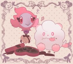  bird box box_of_chocolates bright_pupils chocolate commentary_request dwobu_65 floating food heart highres korean_commentary musical_note no_humans pink_eyes pokemon pokemon_(creature) pokemon_focus polka_dot polka_dot_background ribbon sitting smile spritzee swirlix tongue tongue_out valentine white_pupils 