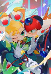  1boy 1girl absurdres android armor axl_(mega_man) bell black_armor blonde_hair brown_hair candy chest_jewel chocolate cross_scar eating food forehead_jewel green_armor green_eyes heart heart-shaped_chocolate heart-shaped_food helmet highres holding long_hair mega_man_(series) mega_man_x_(series) one_eye_closed pallette_(mega_man) robot_ears scar scar_on_face smile spiky_hair valentine watermark wawadochi 