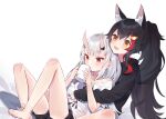  2girls :d animal_ear_fluff animal_ears bangs barefoot black_hair black_hoodie black_shorts brown_eyes commentary_request cup deany drinking eyebrows_visible_through_hair hair_ornament hairclip highres holding holding_cup hololive hood hoodie horns hug hug_from_behind knees_up long_hair long_sleeves looking_at_another looking_away multicolored_hair multiple_girls nakiri_ayame oni_horns ookami_mio ponytail red_eyes redhead shirt short_shorts short_sleeves shorts silver_hair sitting smile streaked_hair very_long_hair virtual_youtuber white_shirt wolf_ears 
