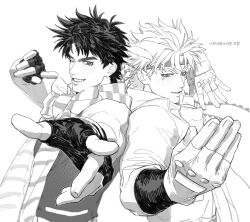  2boys 99hom back-to-back battle_tendency black_hair bloody_stream caesar_anthonio_zeppeli facial_mark feather_hair_ornament feathers fingerless_gloves gloves hair_ornament headband highres jojo_no_kimyou_na_bouken jojo_pose joseph_joestar joseph_joestar_(young) korean_text looking_at_viewer male_focus monochrome multiple_boys one_eye_closed pointing pointing_at_viewer posing scarf simple_background smile striped_clothes striped_scarf translation_request triangle_print vertical-striped_clothes vertical-striped_scarf white_background 