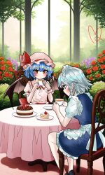  2girls a19130391 apron ascot bat_wings blue_eyes blue_hair blush bow braid cake cake_slice chair commentary cup dress flower food garden grey_hair hat hat_ribbon highres holding holding_cup izayoi_sakuya maid maid_apron maid_headdress mob_cap multiple_girls on_chair pink_hat puffy_short_sleeves puffy_sleeves red_ascot red_eyes red_flower red_rose remilia_scarlet ribbon rose rose_bush short_hair short_sleeves sitting table teacup touhou tree wings wrist_cuffs 