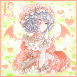  1girl bat_wings bib_collar blue_hair border closed_eyes closed_mouth commentary_request curly_hair dress eyelashes falling_petals frilled_dress frilled_hat frilled_shirt_collar frilled_sleeves frilled_wrist_cuffs frills hand_in_own_hair hand_up hat heart highres lying majamari mob_cap on_stomach petals pink_border pink_dress pink_hat remilia_scarlet short_hair smile solo three-quarter_sleeves touhou wings wrist_cuffs 
