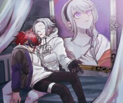  2boys ahoge aotsuki_eito black_gloves black_hairband black_pants black_streaks blue_eyes blue_jacket braid breast_pocket closed_eyes commentary drawstring facing_another fine_art_parody glasses gloves grey_hair grey_jacket hairband hand_on_another's_back highres hood hoodie jacket jacket_over_hoodie kawati kirifuji_nozomi long_hair multicolored_hair multicolored_jacket multiple_boys on_bed open_clothes open_jacket open_mouth painting_(object) pants parody pieta pocket red_hair short_hair sitting smile streaked_hair sumino_takumi the_hundred_line_-last_defense_academy- two-tone_hair two-tone_jacket violet_eyes white_hoodie white_jacket white_pants 