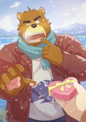  1boy animal_ears bear_boy bear_ears blue_scarf blush box brown_fur d6imf gift heart-shaped_box highres holding holding_gift jacket juuichi_mikazuki lake looking_at_viewer morenatsu open_mouth pawpads pointing pointing_at_self red_jacket scarf shirt snow snowing surprised sweatdrop white_shirt 