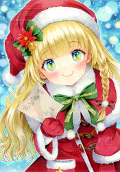  1girl arukapismillust blonde_hair blue_background blue_eyes blush capelet closed_mouth coat commentary_request cowboy_shot duffel_coat fur-trimmed_capelet fur-trimmed_coat fur_trim gloves hat holding holding_paper long_hair long_sleeves looking_at_viewer marker_(medium) multicolored_eyes original paper red_capelet red_coat red_gloves santa_costume santa_hat smile solo traditional_media translation_request two-tone_eyes watermark wispy_bangs yellow_eyes 