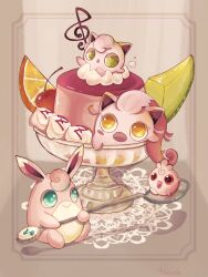  aqua_eyes bowl cherry commentary_request evolutionary_line fangs food food_focus fruit gelatin glass green_eyes highres holding igglybuff jigglypuff melon no_humans open_mouth orange_(fruit) pokemon pokemon_(creature) pokemon_focus red_eyes scream_tail sitting smile spoon toro_nika whipped_cream wigglytuff yellow_eyes 