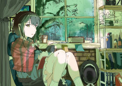  1girl absurdres black_hat black_skirt book bottle bow brown_eyes brown_hair camera chair chinese_commentary coat commentary cup curtains dated earphones earphones hair_ribbon hat hat_bow highres holding holding_book indoors long_sleeves looking_at_viewer note open_mouth phone plaid_clothes plaid_scarf rain red_scarf renkxia ribbon scarf shelf short_hair signature sitting skirt socks solo touhou tree unworn_headwear usami_renko water_bottle white_ribbon white_socks window 