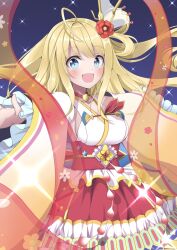  1girl ahoge battle_spirits blonde_hair blue_eyes collar commentary_request detached_sleeves fj_0102 flower hagoromo hair_flower hair_ornament hair_rings highres japanese_clothes kimono long_hair obi odaibako open_mouth outstretched_arms red_collar rei_ooba sash shawl solo sparkle spread_arms white_kimono 