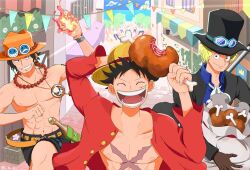  6+boys ^_^ abs black_coat black_hat black_shorts blonde_hair bracelet brothers brown_gloves closed_eyes coat fire freckles gloves hat highres jewelry marine_uniform_(one_piece) monkey_d._luffy multiple_boys multiple_views necklace ocean one_piece outdoors pearl_necklace portgas_d._ace red_shirt running sabo_(one_piece) scar scar_on_chest scar_on_face shirt short_hair shorts siblings smile straw_hat topless_male u_ta_p 