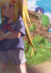  2girls absurdres anger_vein angry blonde_hair blue_hair blue_shirt bocchi_the_rock! bow bowtie braid brick_wall choppy_bangs closed_mouth commentary_request crossed_arms flower frown grass grey_shorts highres ijichi_nijika long_hair looking_at_another multiple_girls overgrown peeking_out polka_dot polka_dot_bow polka_dot_bowtie red_bow red_bowtie red_eyes shimizu_keitaro shirt shorts side_ponytail side_ponytail_with_braided_base v-shaped_eyebrows very_long_hair walking yamada_ryo yellow_eyes 