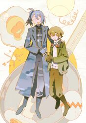  2boys asymmetrical_bangs bakori514_(h_akka) bangs_pinned_back black_boots black_shirt boots brown_eyes brown_gloves brown_hair brown_pants closed_eyes coat collared_shirt commentary dress_shirt facing_viewer fingerless_gloves food-themed_background fried_egg frying_pan full-stop_office_(identity)_(project_moon) gloves green_jacket green_sleeves grey_coat grey_gloves grey_necktie grey_pants grey_sleeves hair_tie hand_on_another's_shoulder height_difference high_ponytail highres hong_lu_(project_moon) jacket lapels limbus_company long_sleeves looking_at_viewer multiple_boys necktie open_clothes open_coat open_hand open_mouth pants ponytail project_moon ribbed_sweater shirt sinclair_(project_moon) sweatdrop sweater turtleneck turtleneck_sweater undershirt untranslatable_commentary white_background white_sweater wing_collar zwei_association_south_uniform 